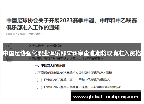 中国足协强化职业俱乐部欠薪审查逾期将取消准入资格