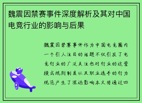 魏震因禁赛事件深度解析及其对中国电竞行业的影响与后果