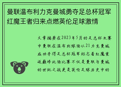 曼联温布利力克曼城勇夺足总杯冠军红魔王者归来点燃英伦足球激情 曼联温布利力克曼城勇夺足总杯冠军红魔王者归来点燃英伦足球激情