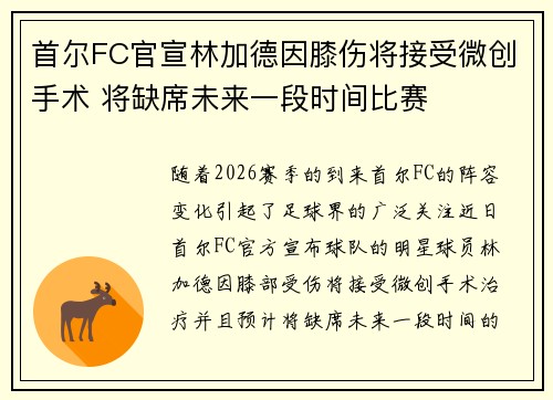 首尔FC官宣林加德因膝伤将接受微创手术 将缺席未来一段时间比赛 首尔FC官宣林加德因膝伤将接受微创手术 将缺席未来一段时间比赛